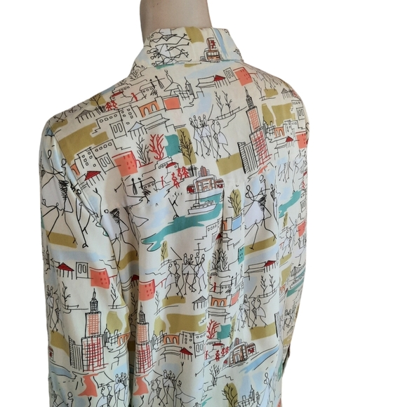 VINTAGE 90s Top Size Small Dancing Stick Figures and City Print Whimsical - Picture 9 of 9